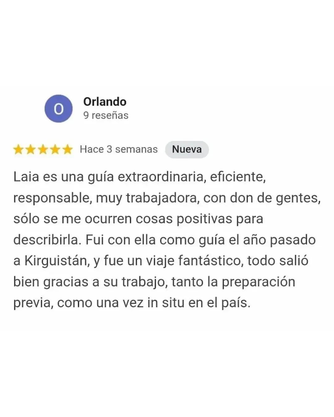 Reseña de Orlando sobre su viaje a Kirguistán con Laia Reseña de cinco estrellas de Orlando sobre un viaje a Kirguistán con Laia, destacando su eficiencia, responsabilidad, preparación previa.